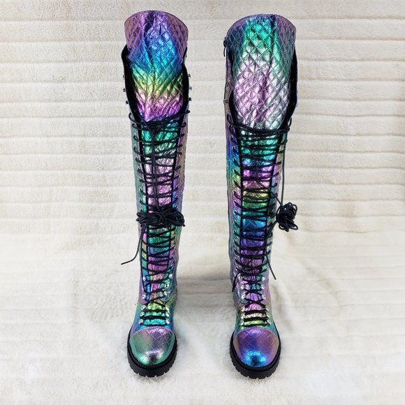 Travis Festive Quilted Metallic Rainbow Corset Lace Over the Knee Boots - Picture 7 of 11